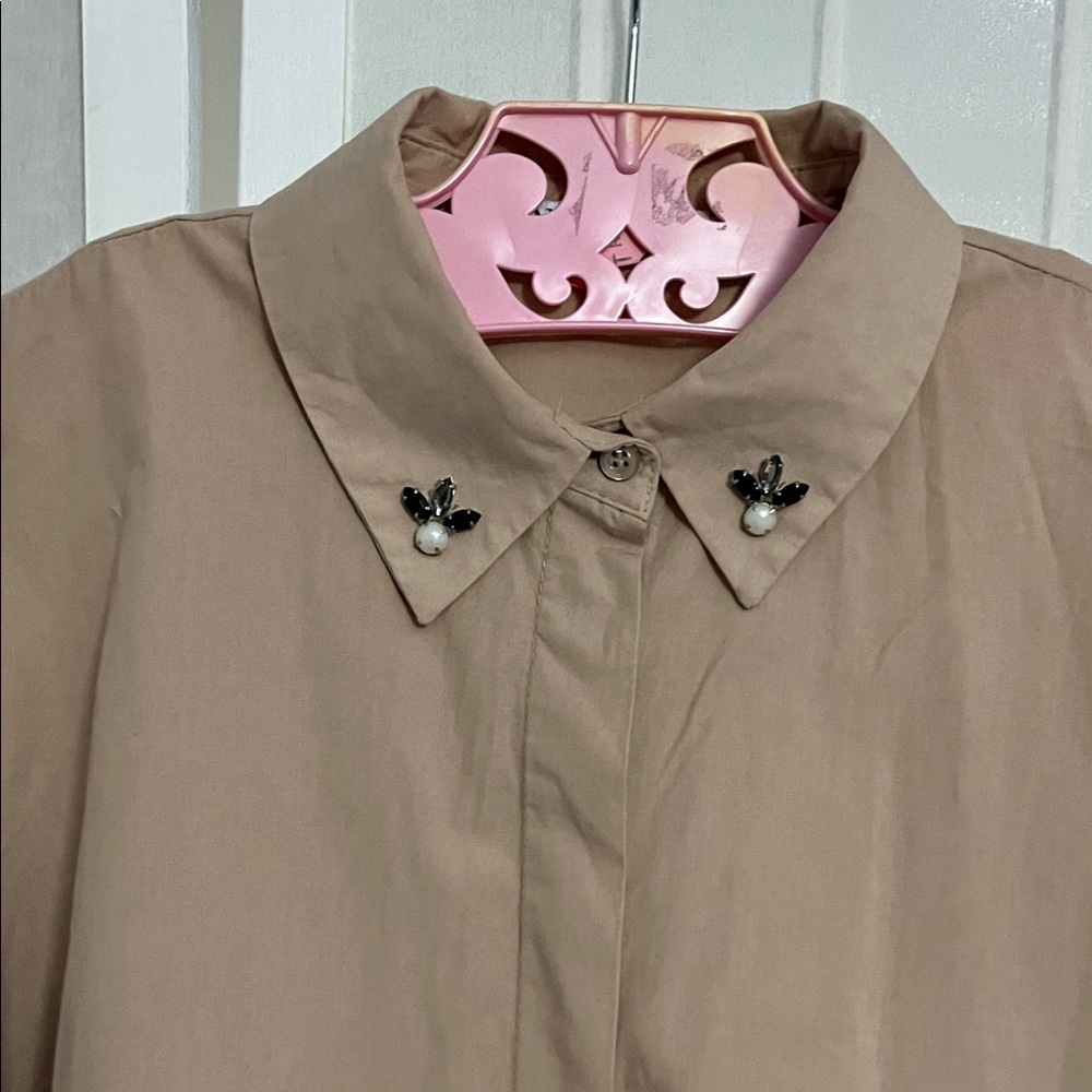 Zara Women's Beige Button-Down Shirt With Rhinestone & Pearl Embellishments